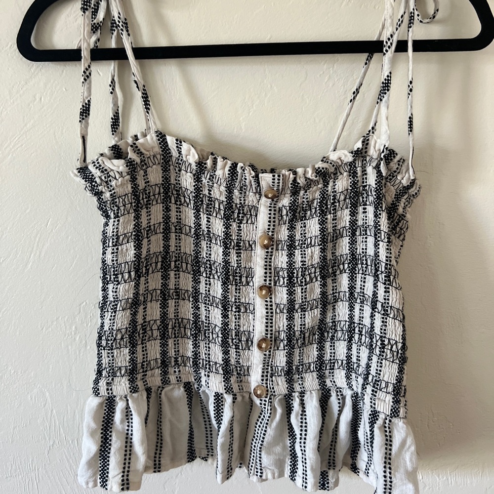 LOFT Black and White Plaid Ruffle Top